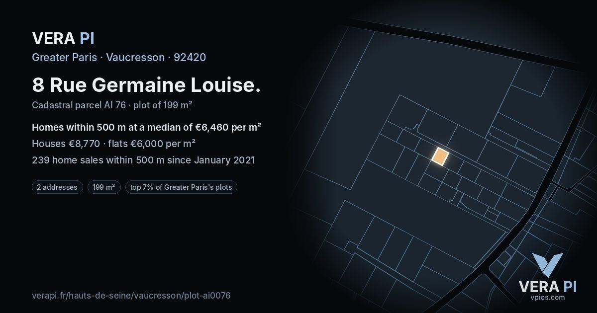 8 Rue Germaine Louise, Vaucresson at night – the plot lit, the parcels around coloured by the prices near them