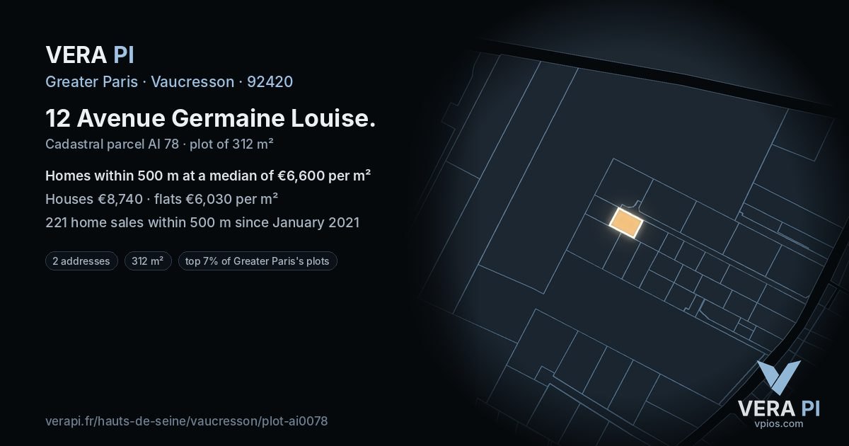 12 Avenue Germaine Louise, Vaucresson at night – the plot lit, the parcels around coloured by the prices near them