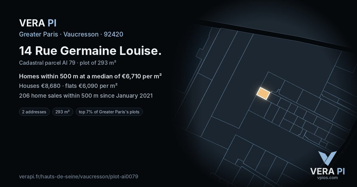 14 Rue Germaine Louise, Vaucresson at night – the plot lit, the parcels around coloured by the prices near them