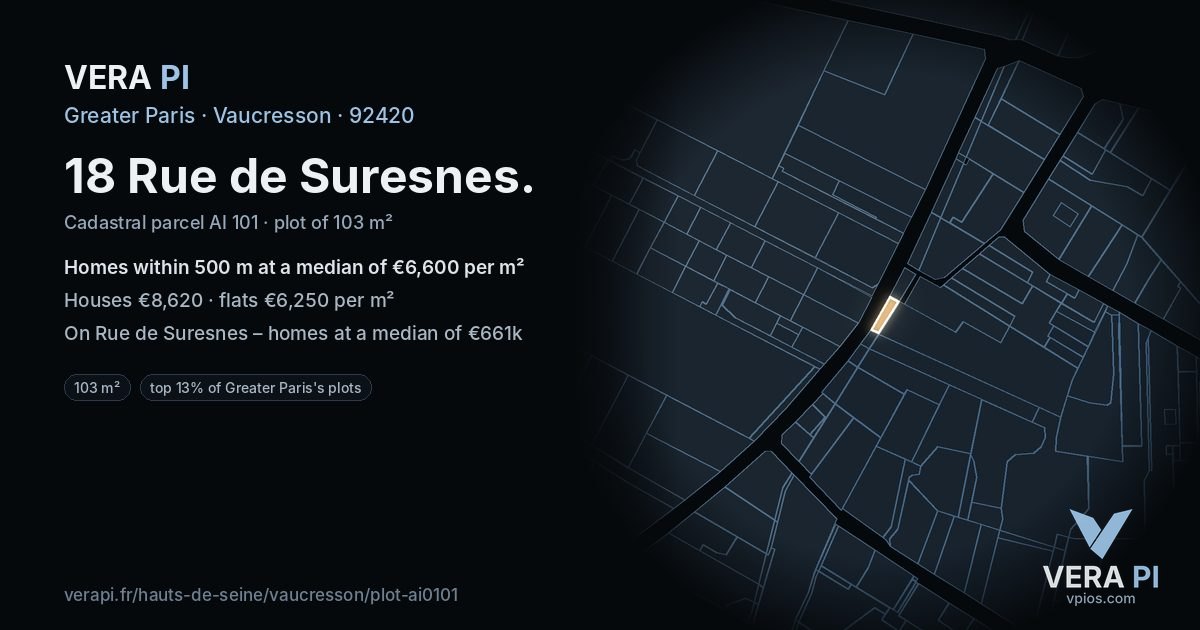 18 Rue de Suresnes, Vaucresson at night – the plot lit, the parcels around coloured by the prices near them
