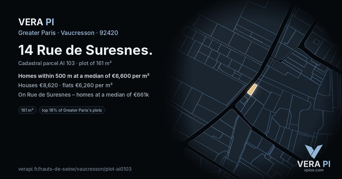 14 Rue de Suresnes, Vaucresson at night – the plot lit, the parcels around coloured by the prices near them