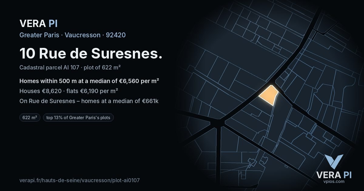 10 Rue de Suresnes, Vaucresson at night – the plot lit, the parcels around coloured by the prices near them