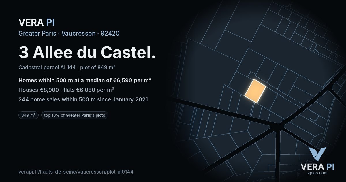 3 Allee du Castel, Vaucresson at night – the plot lit, the parcels around coloured by the prices near them