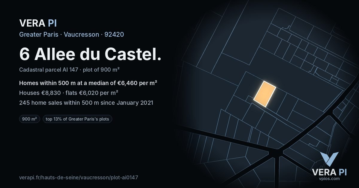 6 Allee du Castel, Vaucresson at night – the plot lit, the parcels around coloured by the prices near them