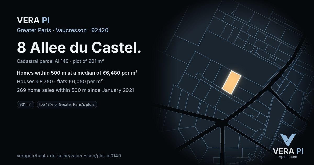 8 Allee du Castel, Vaucresson at night – the plot lit, the parcels around coloured by the prices near them