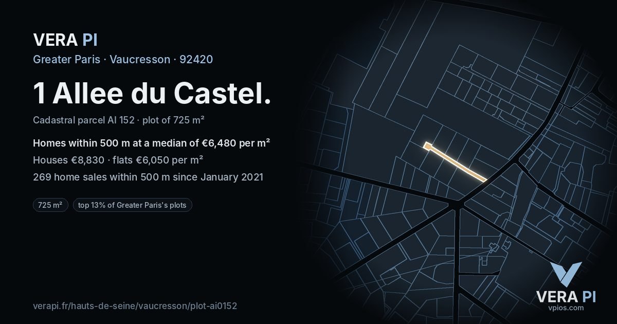 1 Allee du Castel, Vaucresson at night – the plot lit, the parcels around coloured by the prices near them