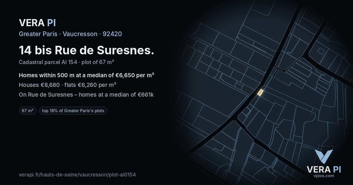 14 bis Rue de Suresnes, Vaucresson at night – the plot lit, the parcels around coloured by the prices near them