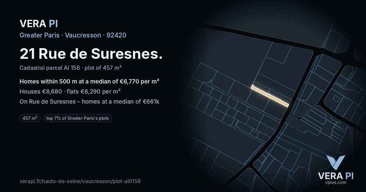 21 Rue de Suresnes, Vaucresson at night – the plot lit, the parcels around coloured by the prices near them