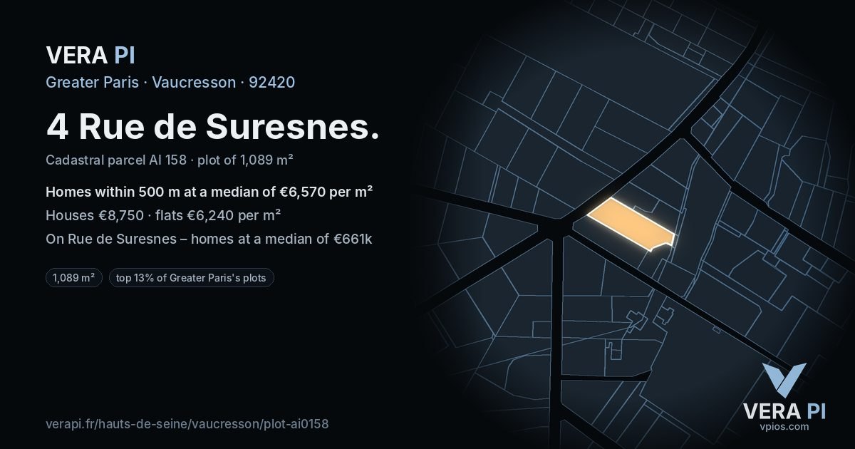4 Rue de Suresnes, Vaucresson at night – the plot lit, the parcels around coloured by the prices near them