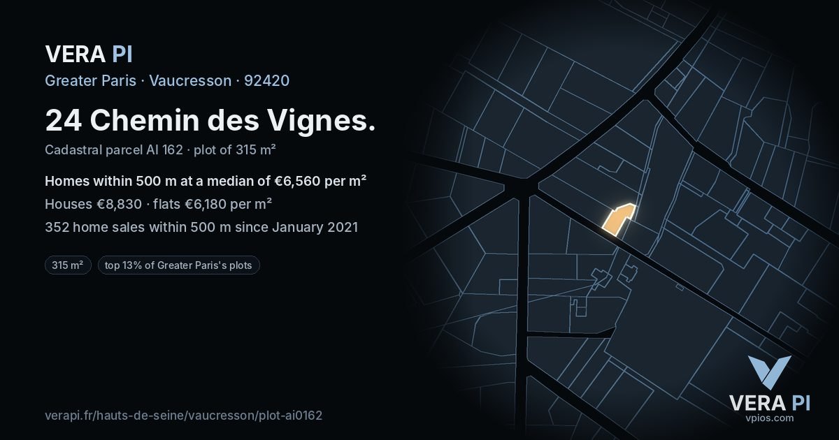 24 Chemin des Vignes, Vaucresson at night – the plot lit, the parcels around coloured by the prices near them