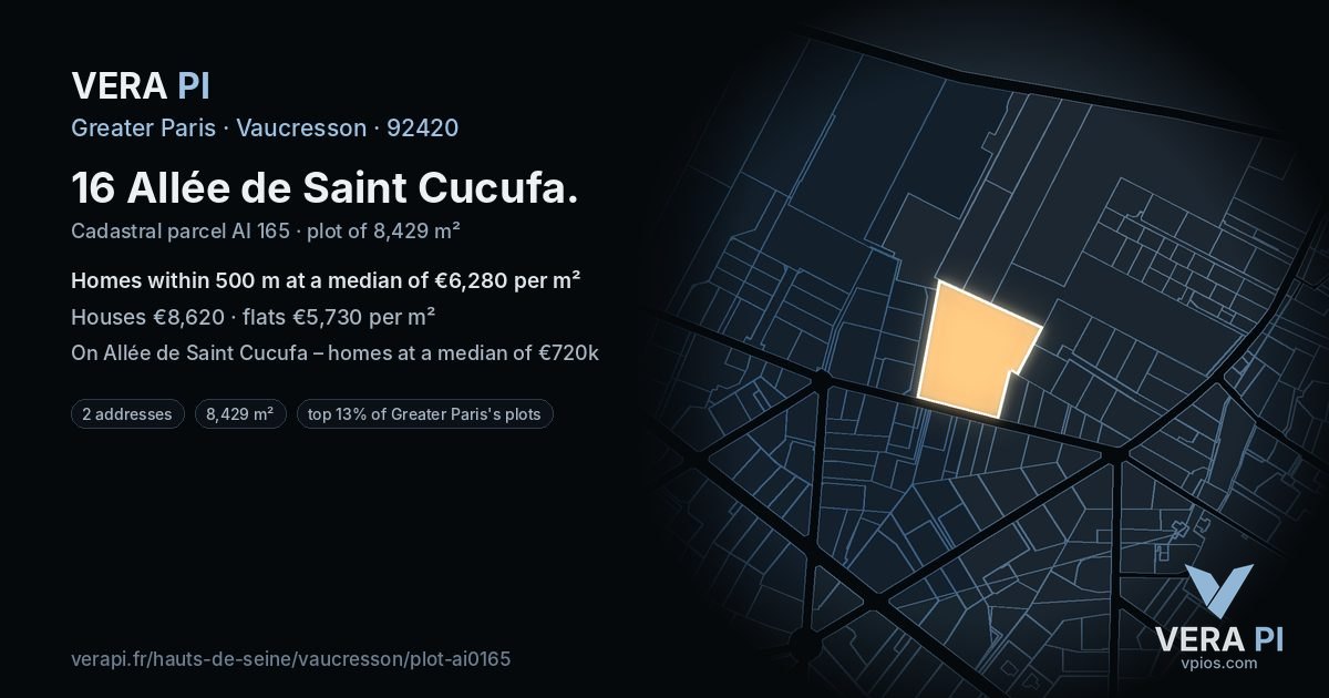 16 Allée de Saint Cucufa, Vaucresson at night – the plot lit, the parcels around coloured by the prices near them