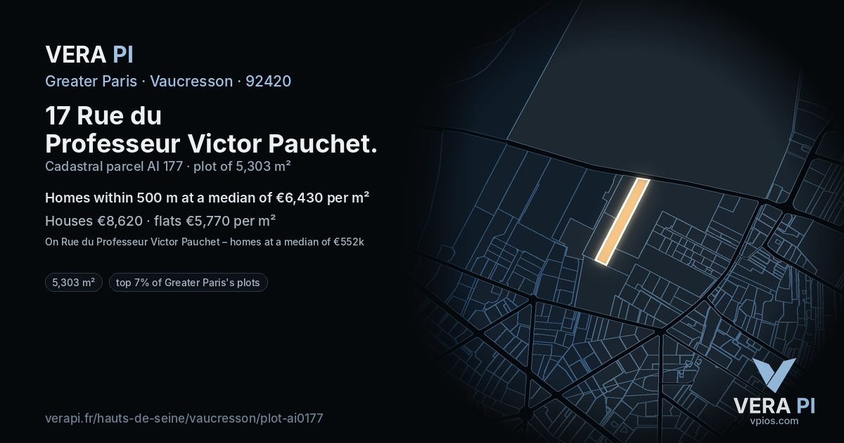 17 Rue du Professeur Victor Pauchet, Vaucresson at night – the plot lit, the parcels around coloured by the prices near them