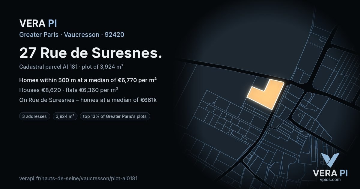27 Rue de Suresnes, Vaucresson at night – the plot lit, the parcels around coloured by the prices near them