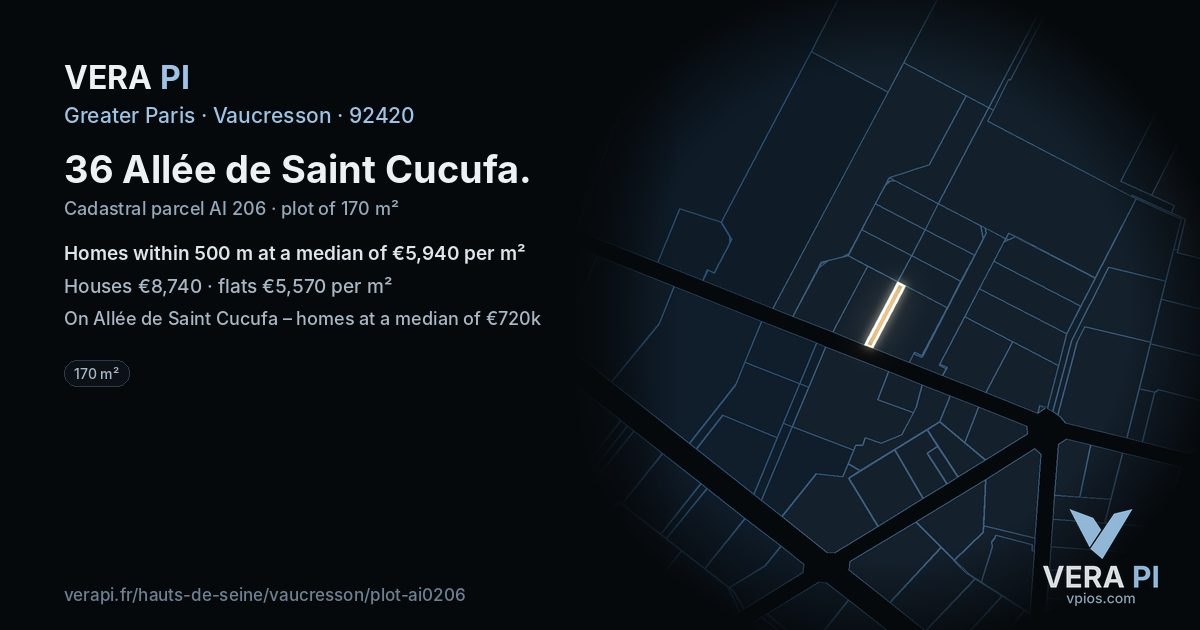 36 Allée de Saint Cucufa, Vaucresson at night – the plot lit, the parcels around coloured by the prices near them