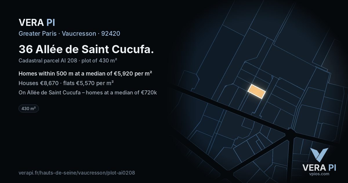 36 Allée de Saint Cucufa, Vaucresson at night – the plot lit, the parcels around coloured by the prices near them