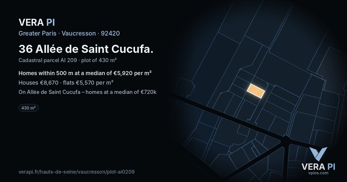 36 Allée de Saint Cucufa, Vaucresson at night – the plot lit, the parcels around coloured by the prices near them