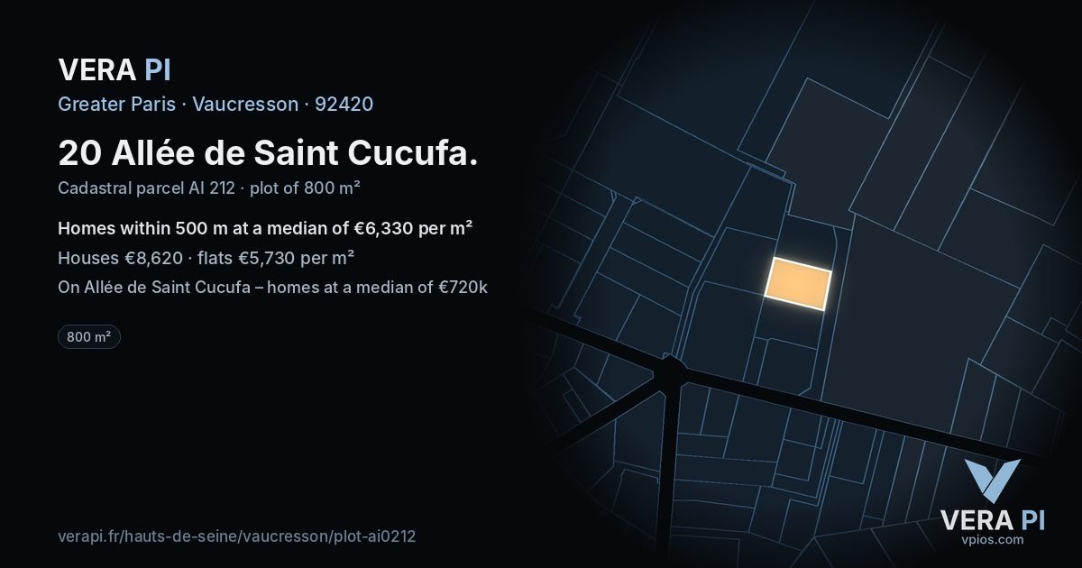 20 Allée de Saint Cucufa, Vaucresson at night – the plot lit, the parcels around coloured by the prices near them