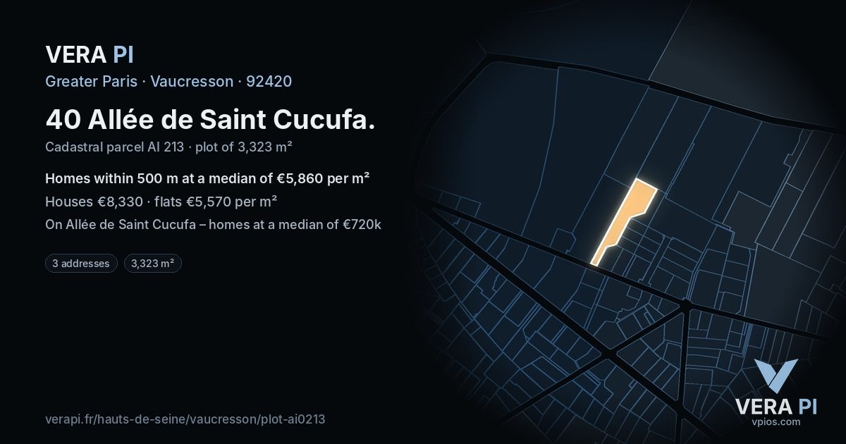 40 Allée de Saint Cucufa, Vaucresson at night – the plot lit, the parcels around coloured by the prices near them
