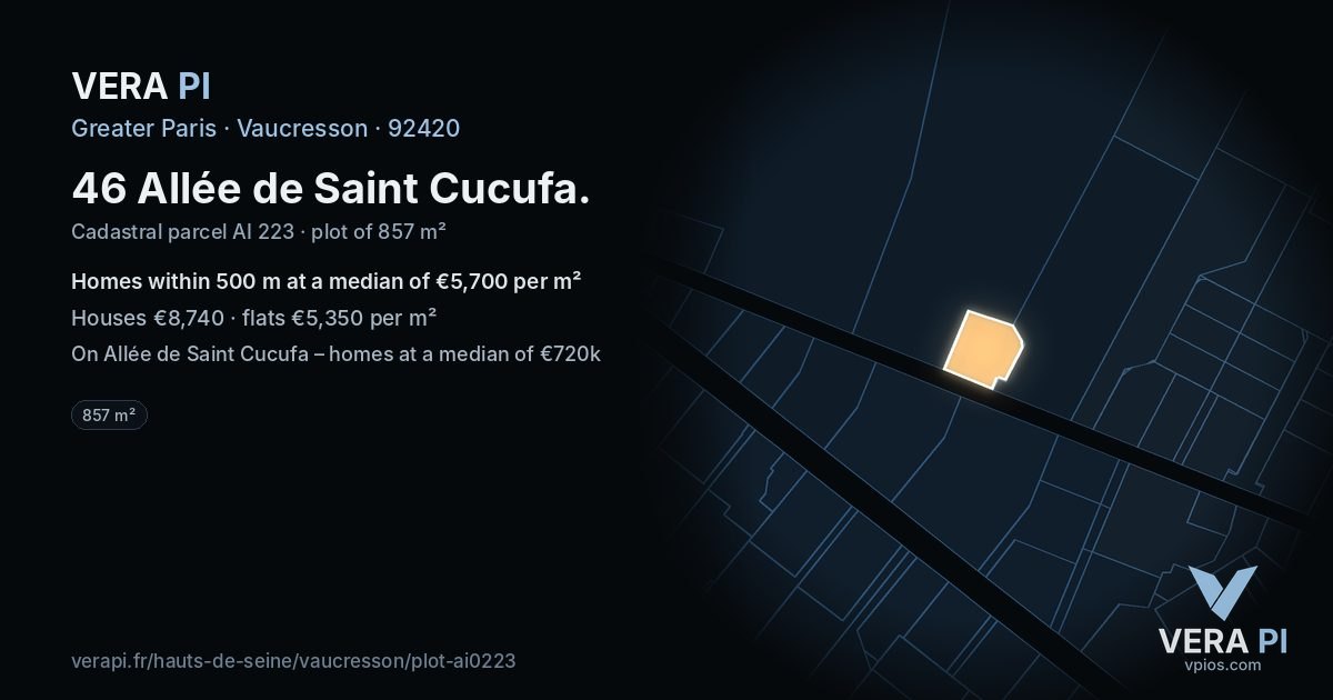 46 Allée de Saint Cucufa, Vaucresson at night – the plot lit, the parcels around coloured by the prices near them