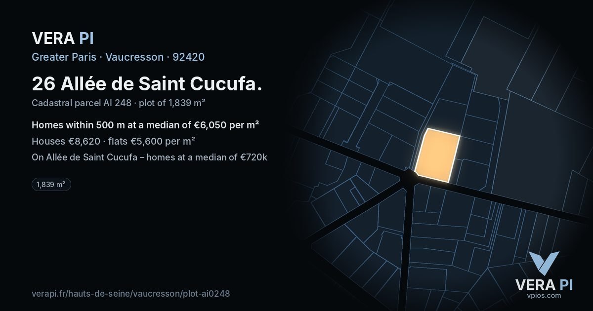 26 Allée de Saint Cucufa, Vaucresson at night – the plot lit, the parcels around coloured by the prices near them