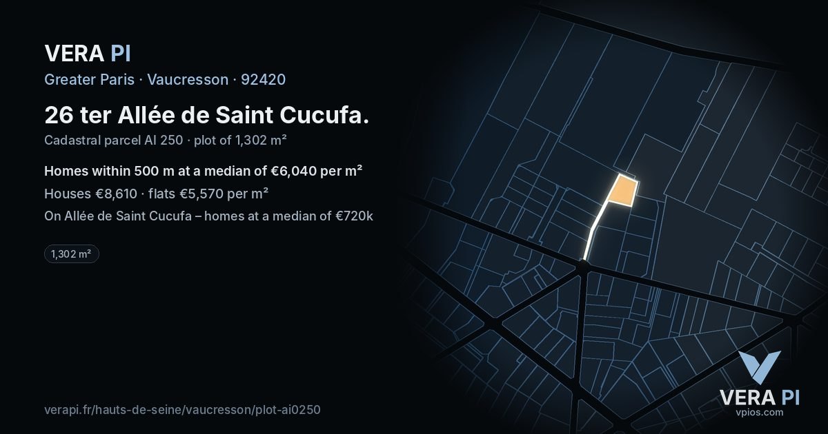 26 ter Allée de Saint Cucufa, Vaucresson at night – the plot lit, the parcels around coloured by the prices near them