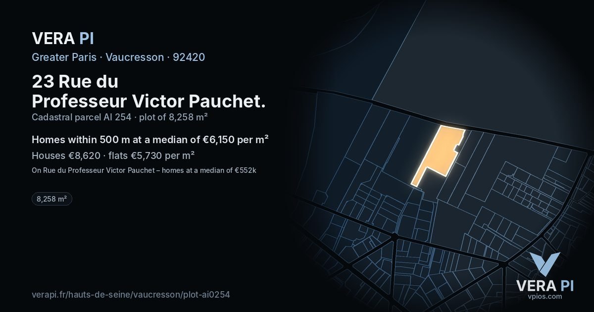 23 Rue du Professeur Victor Pauchet, Vaucresson at night – the plot lit, the parcels around coloured by the prices near them