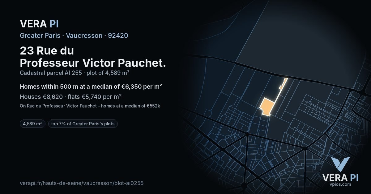23 Rue du Professeur Victor Pauchet, Vaucresson at night – the plot lit, the parcels around coloured by the prices near them
