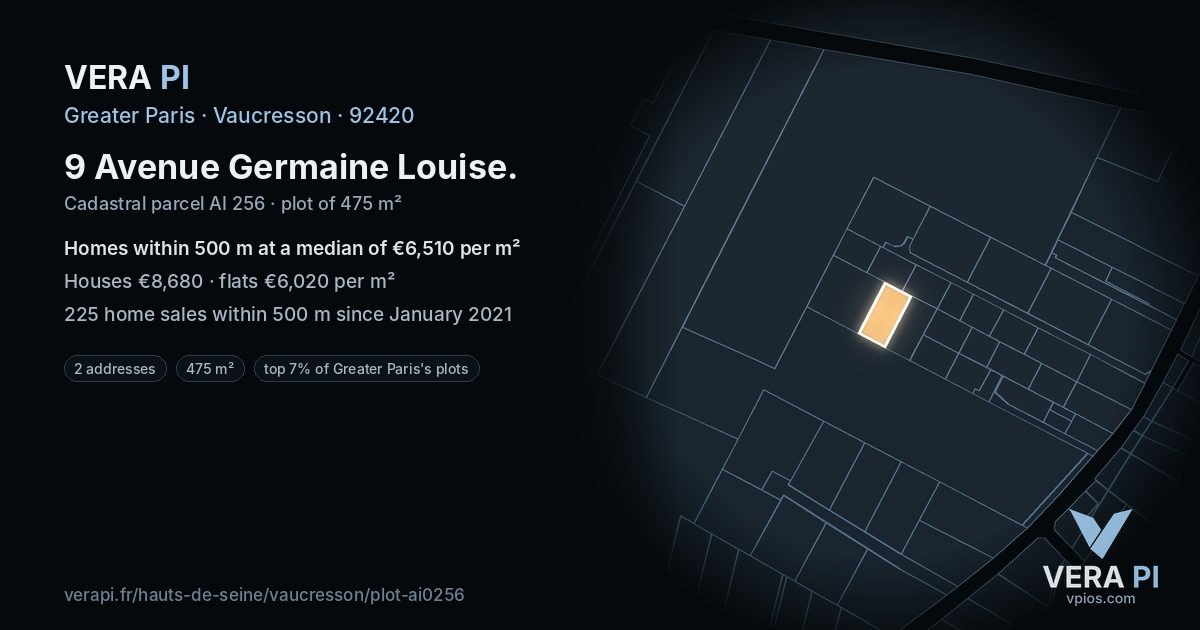 9 Avenue Germaine Louise, Vaucresson at night – the plot lit, the parcels around coloured by the prices near them