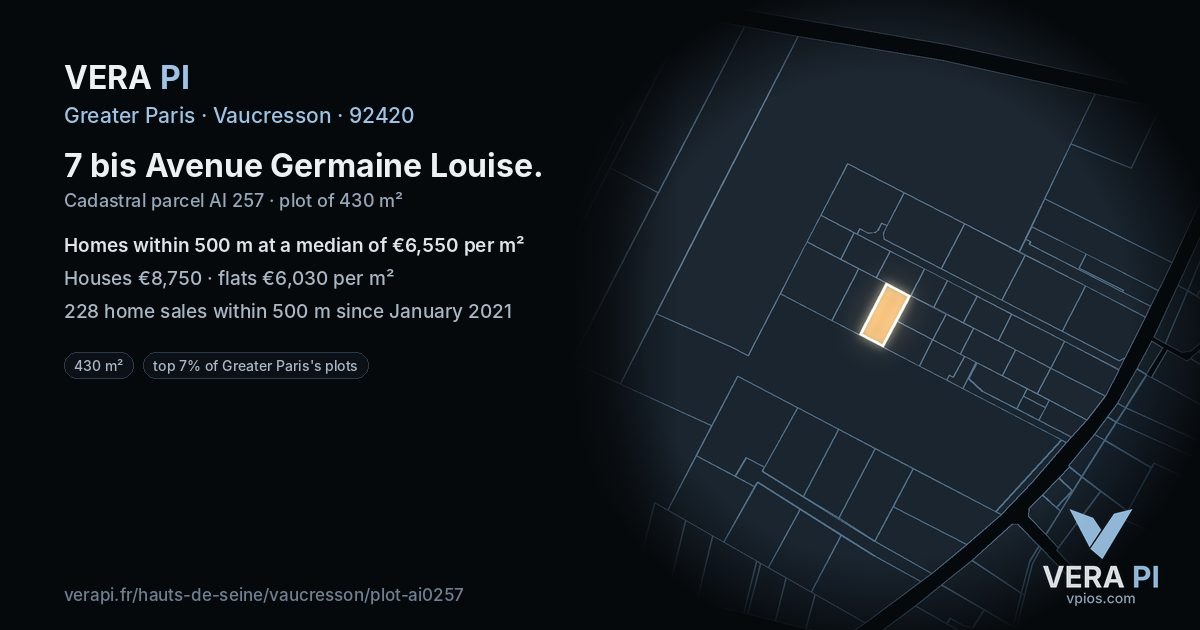 7 bis Avenue Germaine Louise, Vaucresson at night – the plot lit, the parcels around coloured by the prices near them