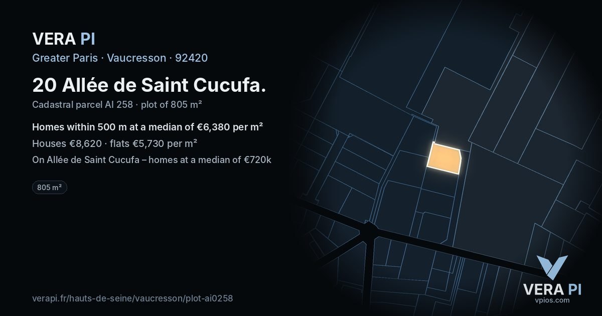 20 Allée de Saint Cucufa, Vaucresson at night – the plot lit, the parcels around coloured by the prices near them