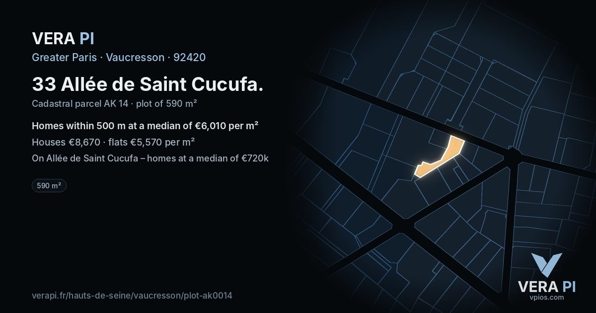 33 Allée de Saint Cucufa, Vaucresson at night – the plot lit, the parcels around coloured by the prices near them