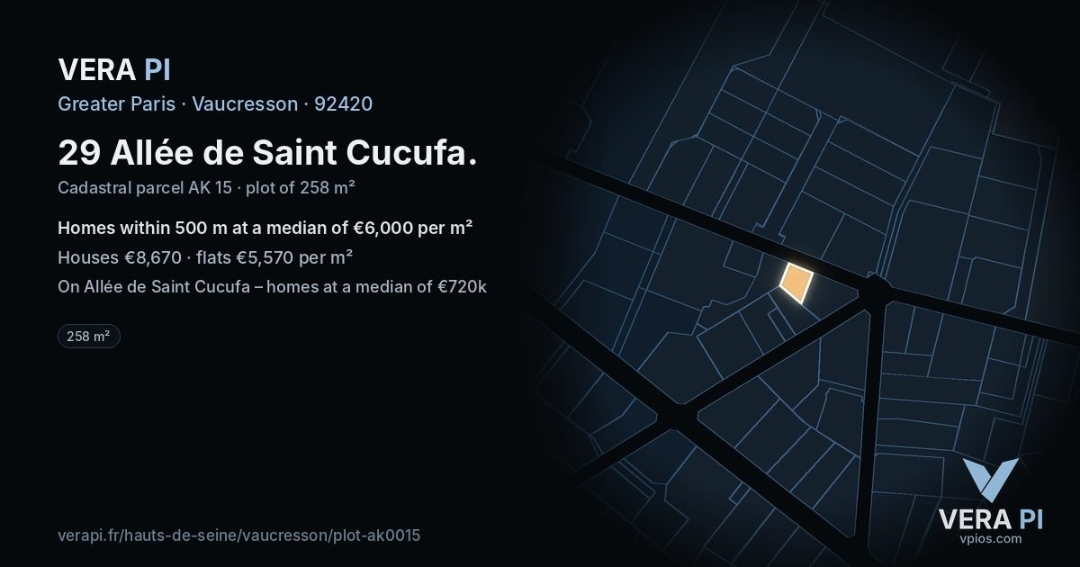 29 Allée de Saint Cucufa, Vaucresson at night – the plot lit, the parcels around coloured by the prices near them