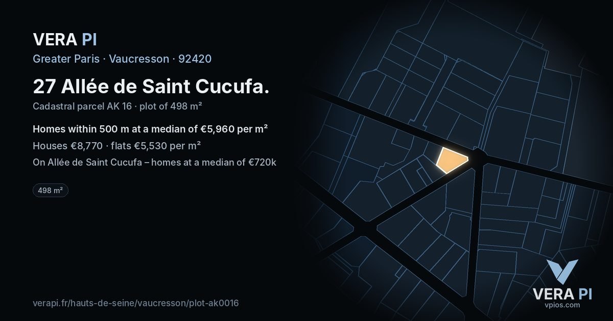 27 Allée de Saint Cucufa, Vaucresson at night – the plot lit, the parcels around coloured by the prices near them