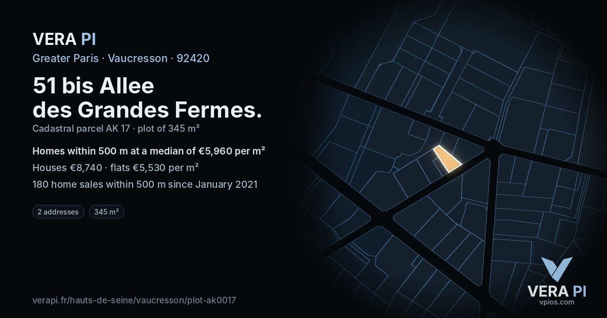 51 bis Allee des Grandes Fermes, Vaucresson at night – the plot lit, the parcels around coloured by the prices near them