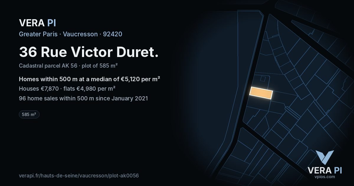 36 Rue Victor Duret, Vaucresson at night – the plot lit, the parcels around coloured by the prices near them