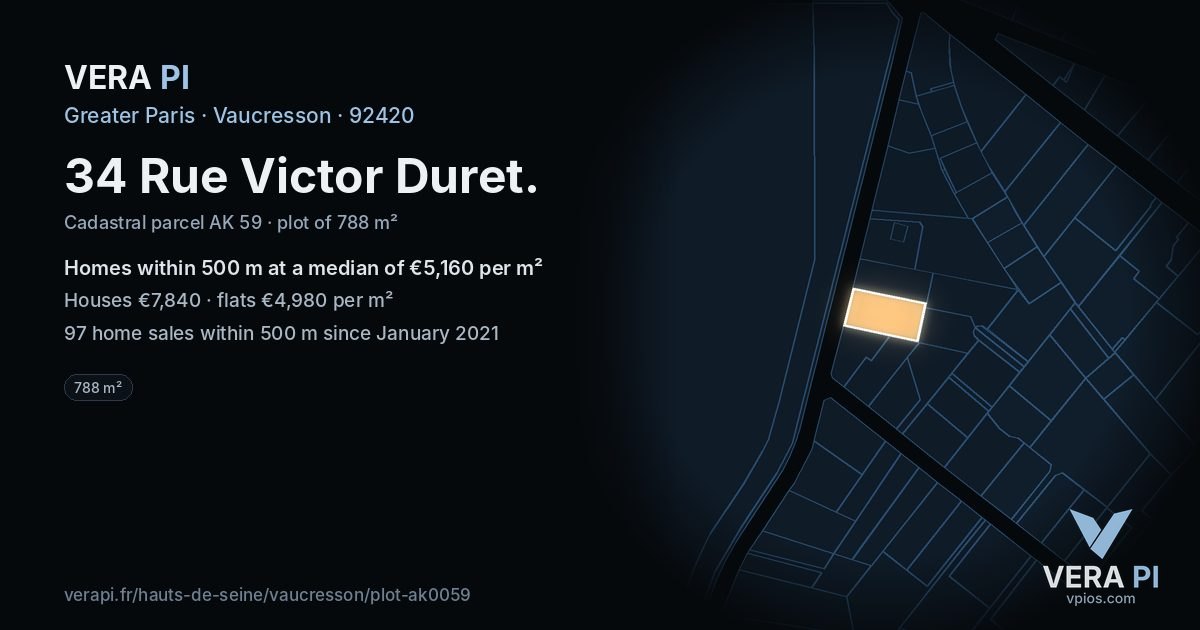 34 Rue Victor Duret, Vaucresson at night – the plot lit, the parcels around coloured by the prices near them
