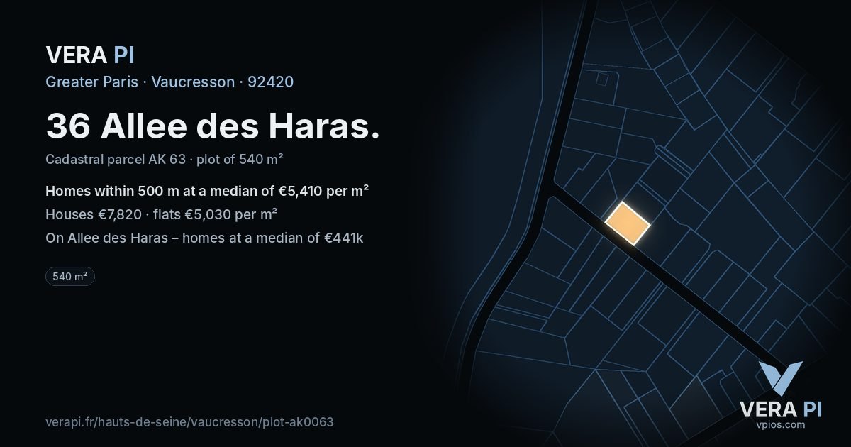 36 Allee des Haras, Vaucresson at night – the plot lit, the parcels around coloured by the prices near them