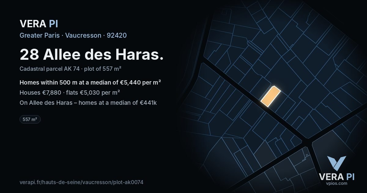 28 Allee des Haras, Vaucresson at night – the plot lit, the parcels around coloured by the prices near them