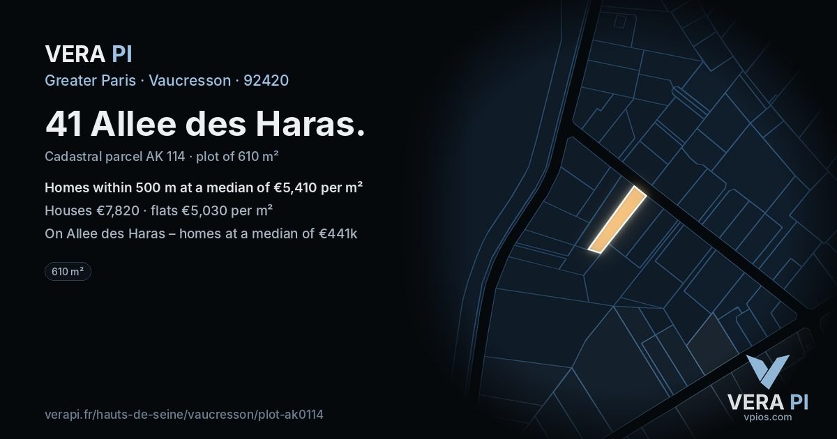 41 Allee des Haras, Vaucresson at night – the plot lit, the parcels around coloured by the prices near them