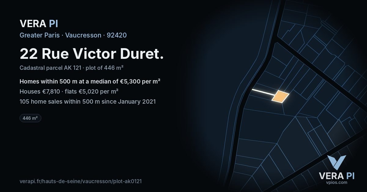 22 Rue Victor Duret, Vaucresson at night – the plot lit, the parcels around coloured by the prices near them