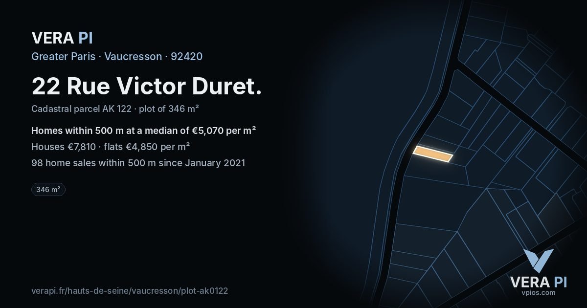 22 Rue Victor Duret, Vaucresson at night – the plot lit, the parcels around coloured by the prices near them