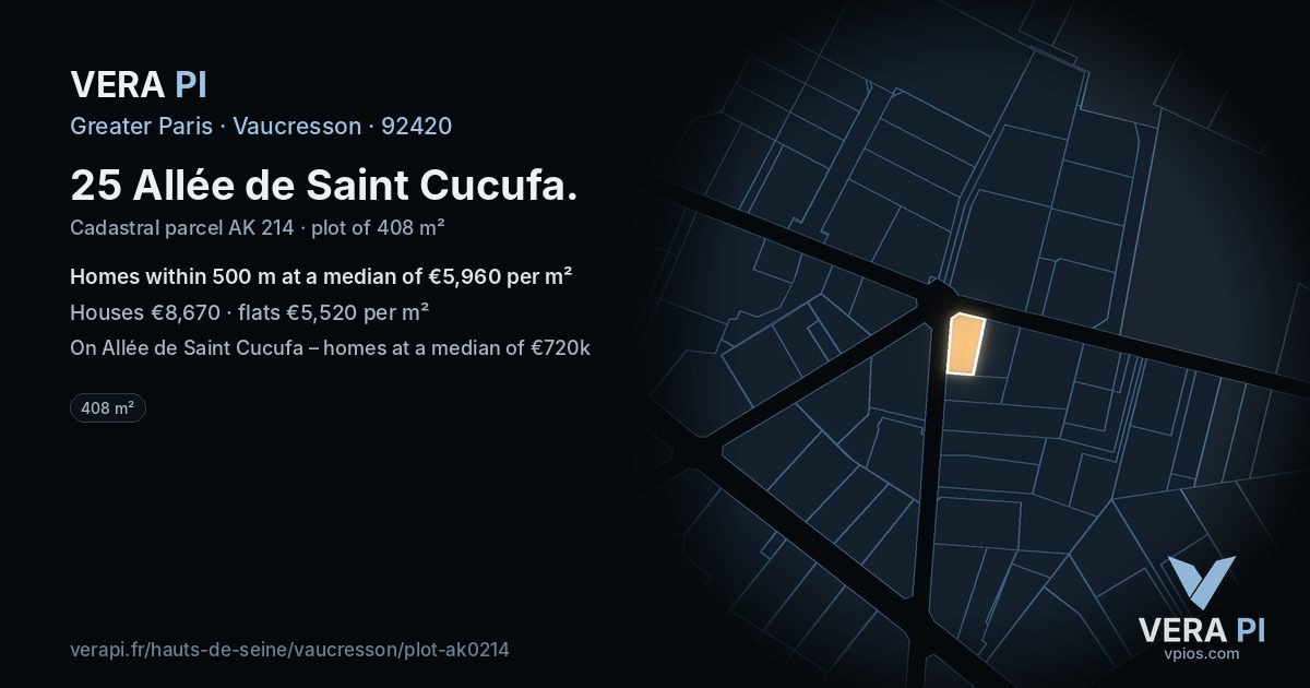 25 Allée de Saint Cucufa, Vaucresson at night – the plot lit, the parcels around coloured by the prices near them