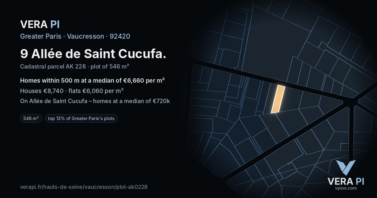 9 Allée de Saint Cucufa, Vaucresson at night – the plot lit, the parcels around coloured by the prices near them