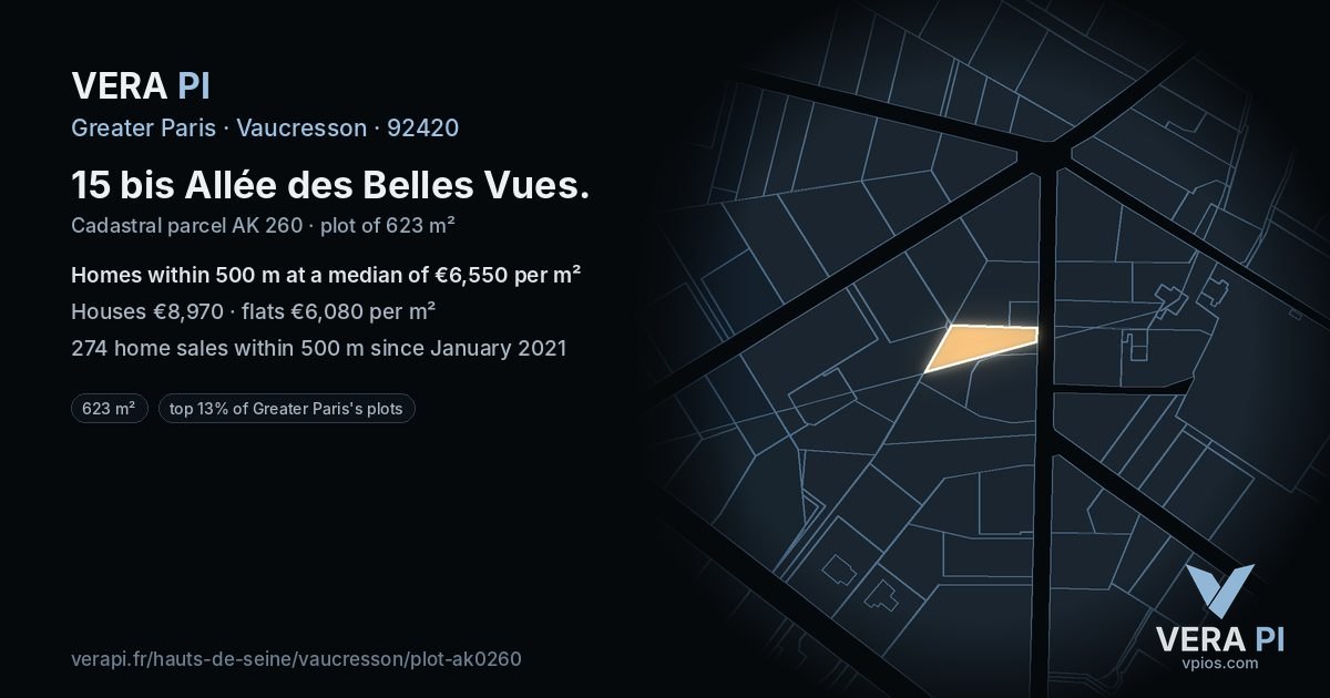 15 bis Allée des Belles Vues, Vaucresson at night – the plot lit, the parcels around coloured by the prices near them
