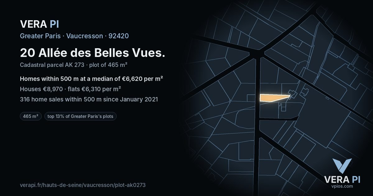 20 Allée des Belles Vues, Vaucresson at night – the plot lit, the parcels around coloured by the prices near them