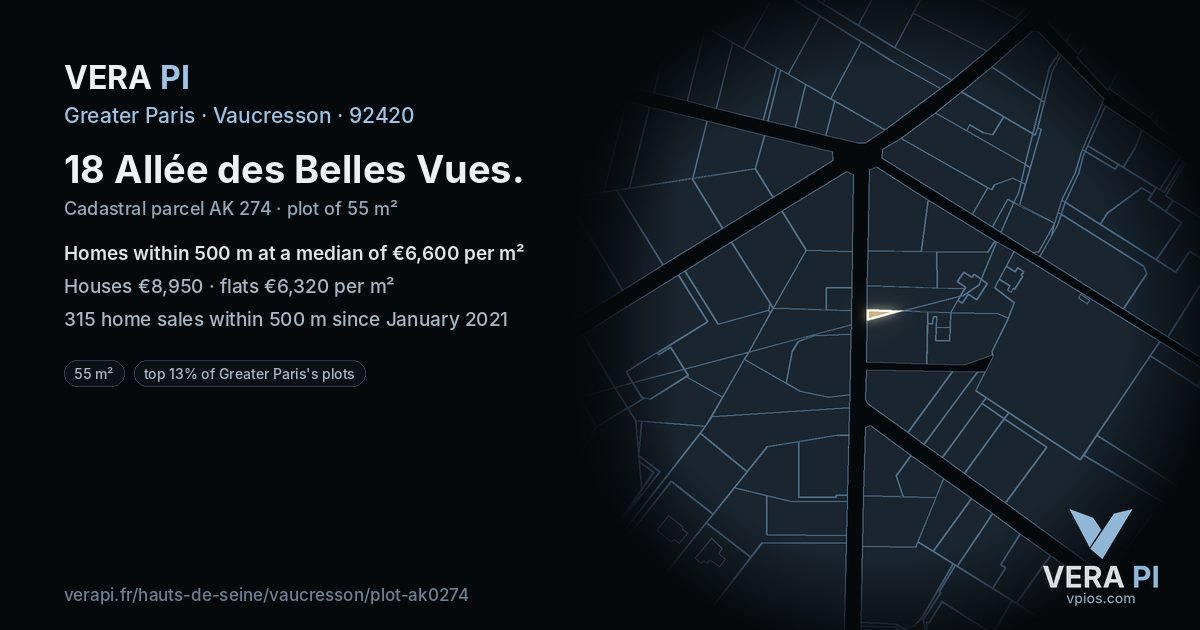 18 Allée des Belles Vues, Vaucresson at night – the plot lit, the parcels around coloured by the prices near them