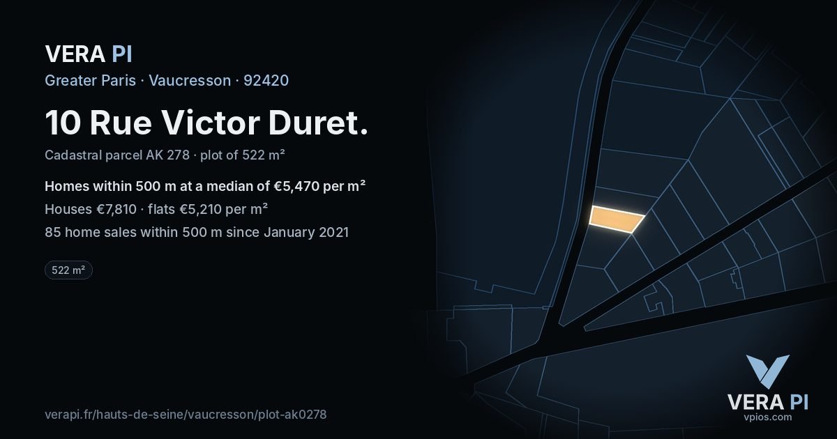 10 Rue Victor Duret, Vaucresson at night – the plot lit, the parcels around coloured by the prices near them