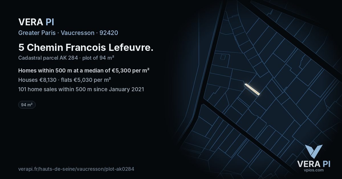 5 Chemin Francois Lefeuvre, Vaucresson at night – the plot lit, the parcels around coloured by the prices near them