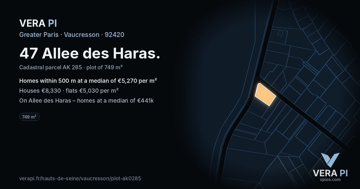 47 Allee des Haras, Vaucresson at night – the plot lit, the parcels around coloured by the prices near them