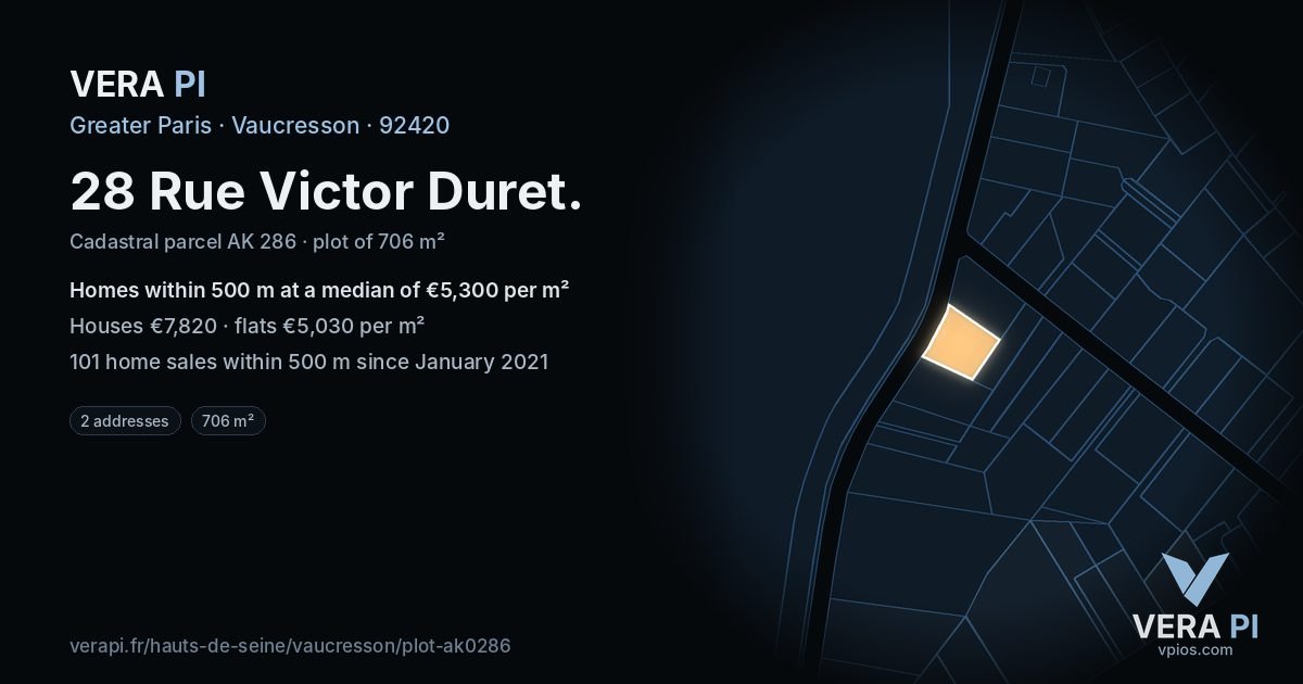 28 Rue Victor Duret, Vaucresson at night – the plot lit, the parcels around coloured by the prices near them